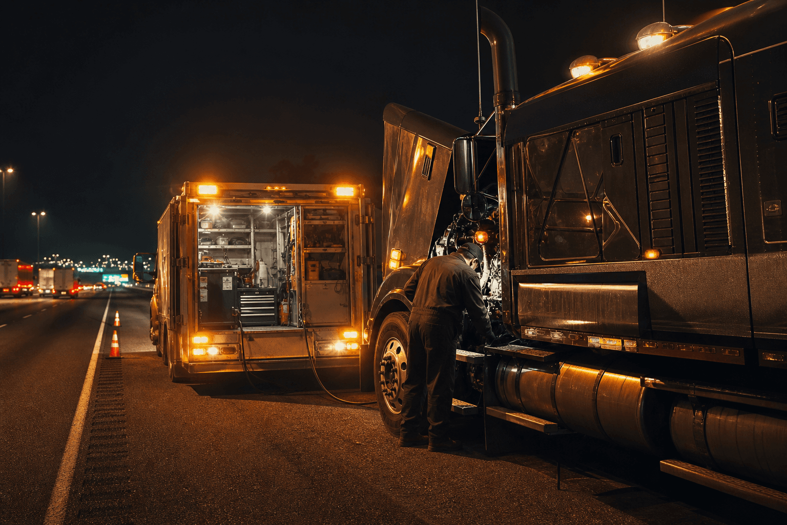 Mobile diesel tech repairing a semi on the roadside